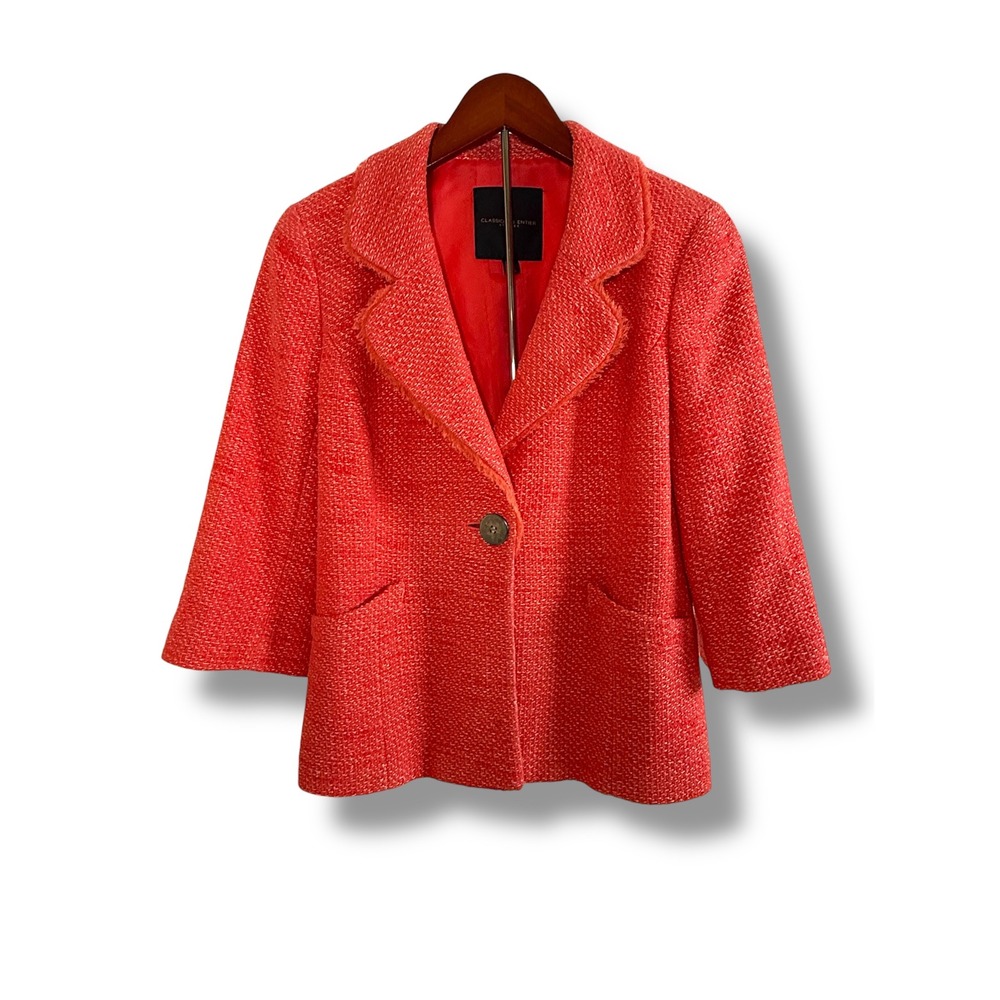 Classiques Entier Blazer Women's Small Boucle Fringe Trim Tweed 3/4 Sleeve Coral